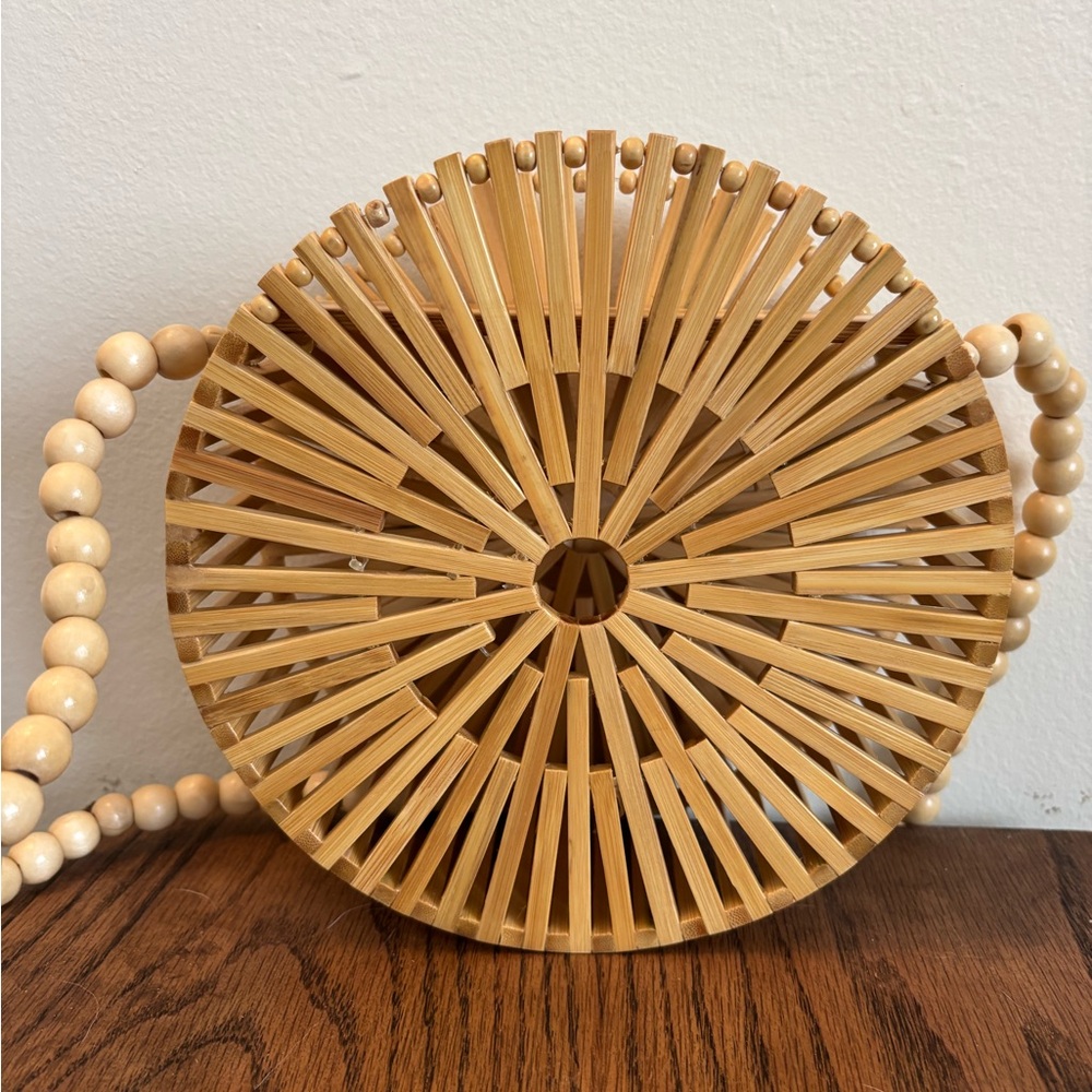 BohoChic Bamboo Circular Handbag with long wood bead strap 8” diameter